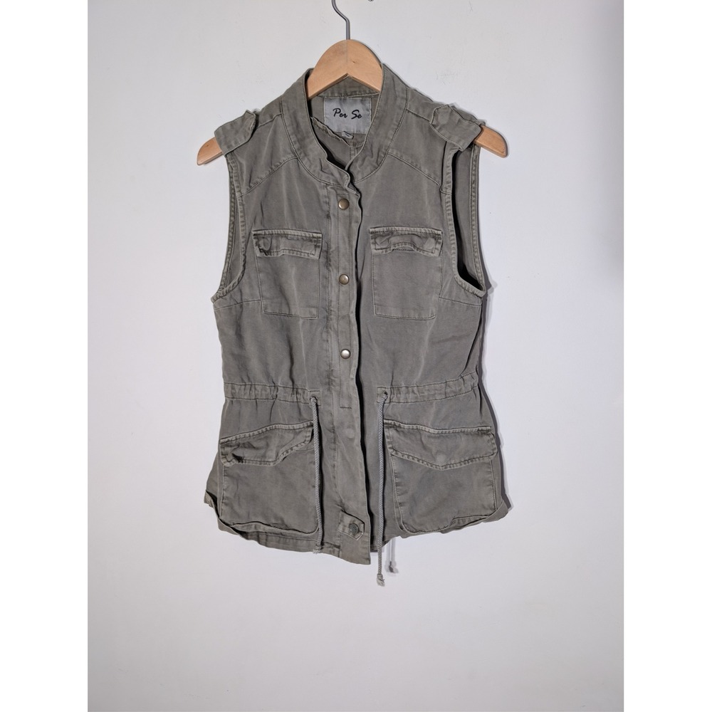 Per Se Olive Green Utility Vest‎ Button Front Drawstring Waist Pockets Women's M